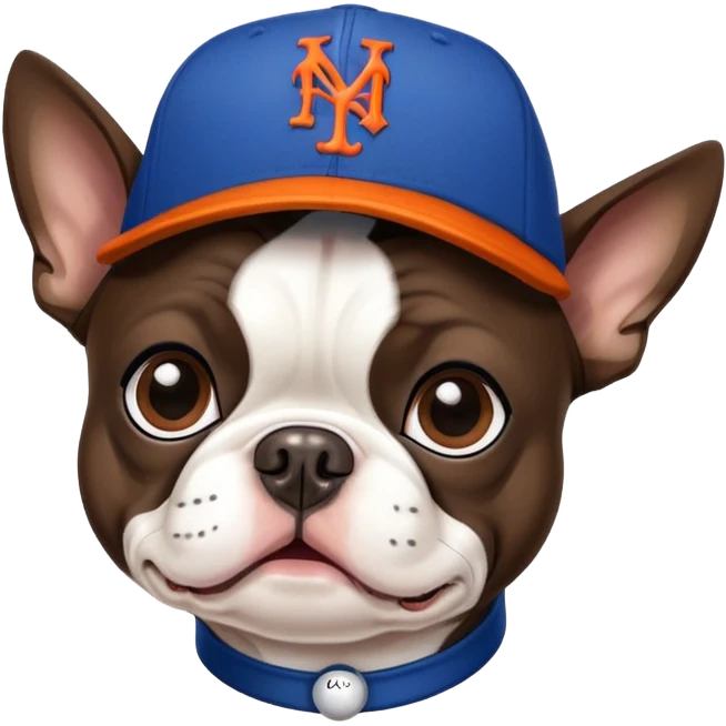 Brown Boston terrier wearing a New York Mets hat emoji