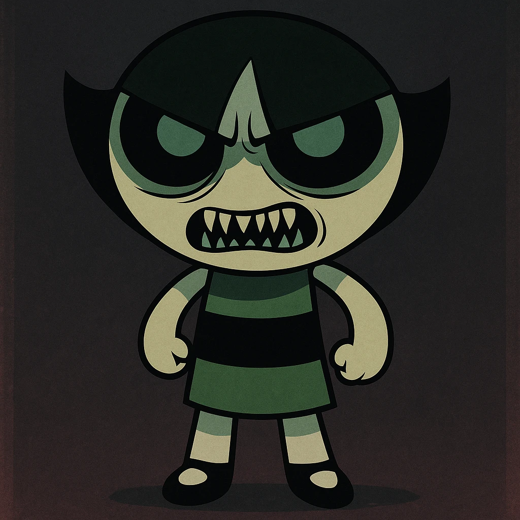 Full body cartoon style of Buttercup from Powerpuff Girls with a scarier and more intimidating face, keeping her signature green dress and short hair, using dark and eerie colors for the rest of the image. emoji