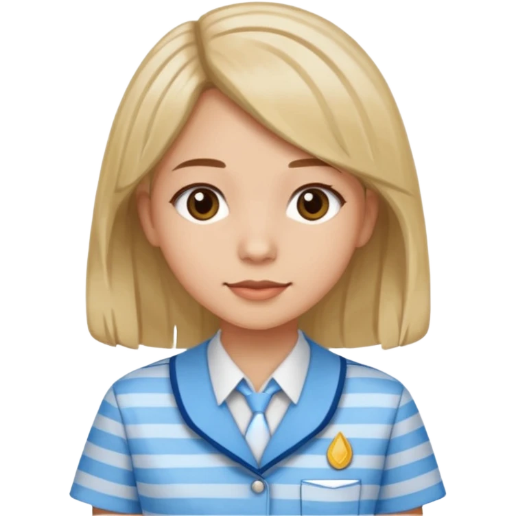 seorang perempuan berambut panjang namun tdk panjang sekali, memakai baju batik sekolah biru muda bermotif garis garis biru muda emoji