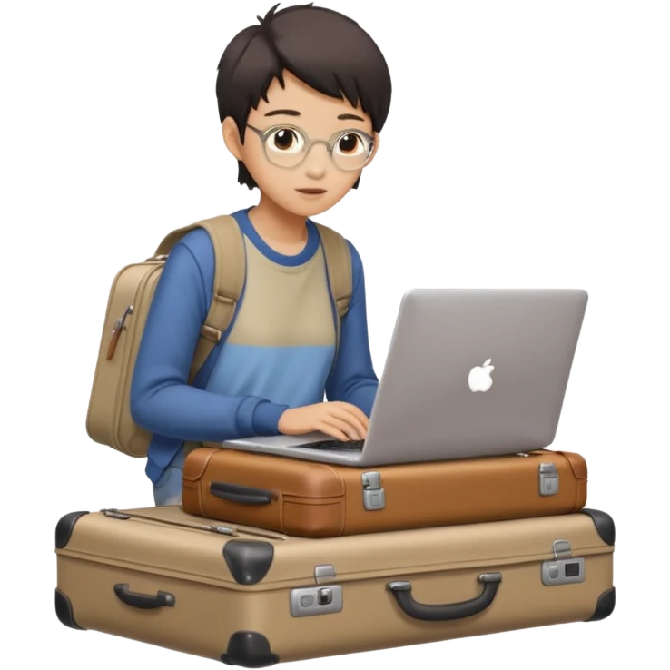 페르소나 요약 : 교환학생을 준비하는 대학생. 동양인 중성 20대의 상반신, 캐주얼한 옷을 입은 채 노트북을 보고 있으며 옆 한켠에는 캐리어가 함께 준비되어 있어요. emoji