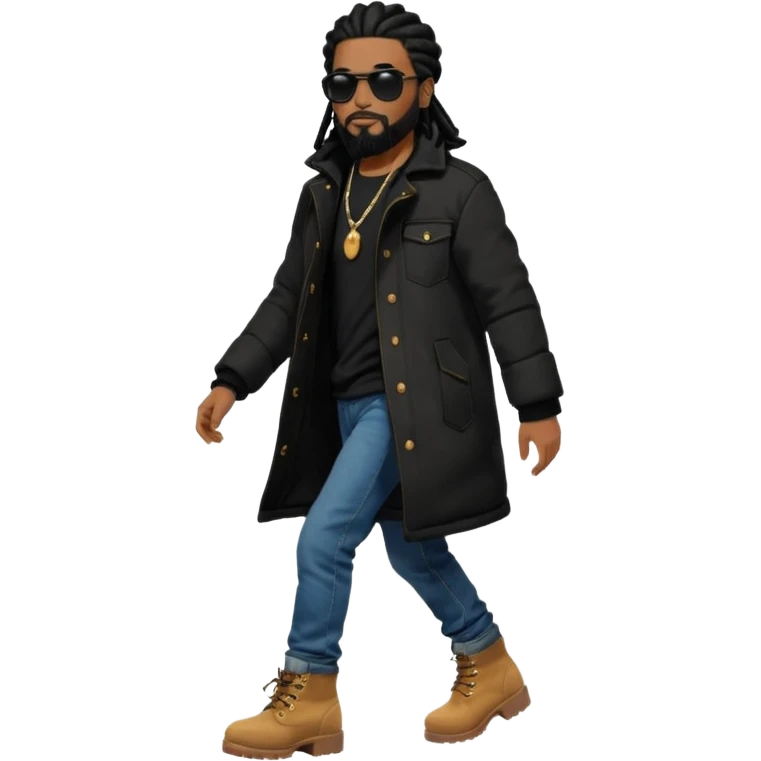 African American man with shoulder length black dreadlocks with black beard wearing black sunglasses wearing a black bubble winter coat wearing denim skinny jeans wearing wheat timberland boots walking with a white dove flying behind him emoji