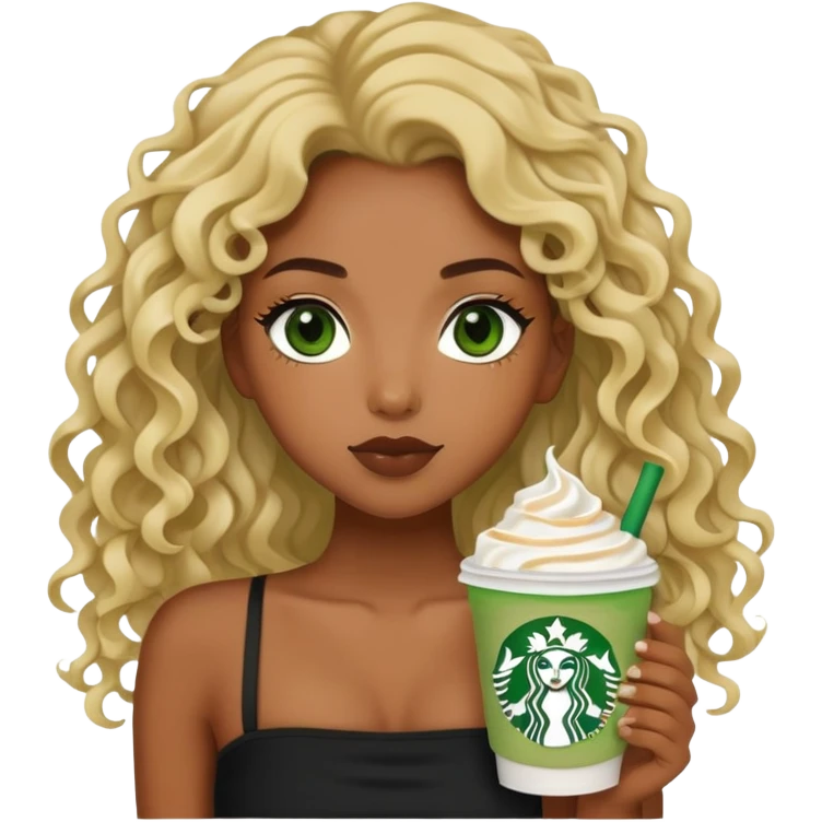 a black girl with long curly wavy blonde hair and green eyes wearing a black tube top holding a starbucks matcha facing forward aesthetic  emoji