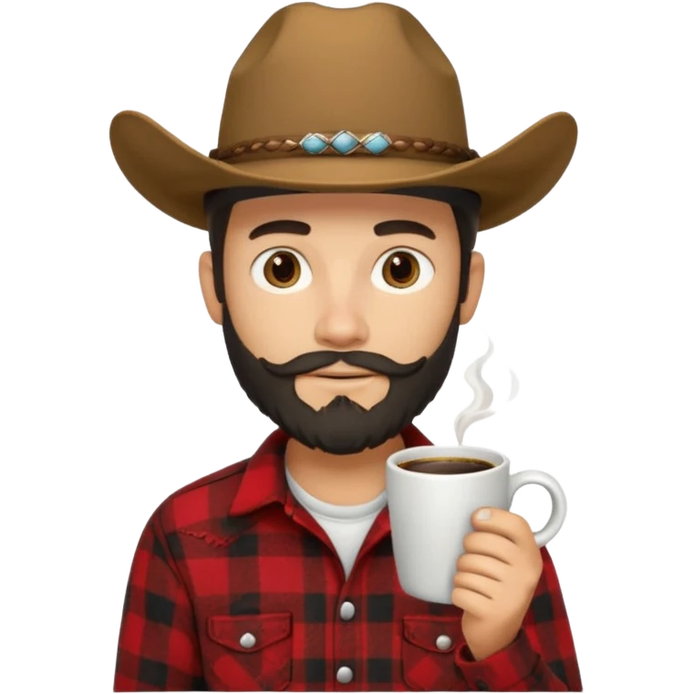 generate an ios genmoji of a 20 year old tan boy with a cowboy hat and side burn beard. Wearing a flannel and carrying a coffee mug emoji