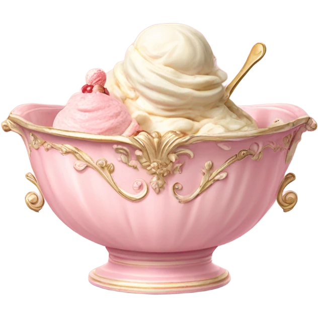 highly detailed vintage pale pink rococo bowl with ice cream emoji