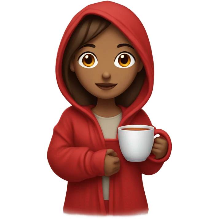 Brunette girl wrapped in red blanket with hoodie sipping tea emoji