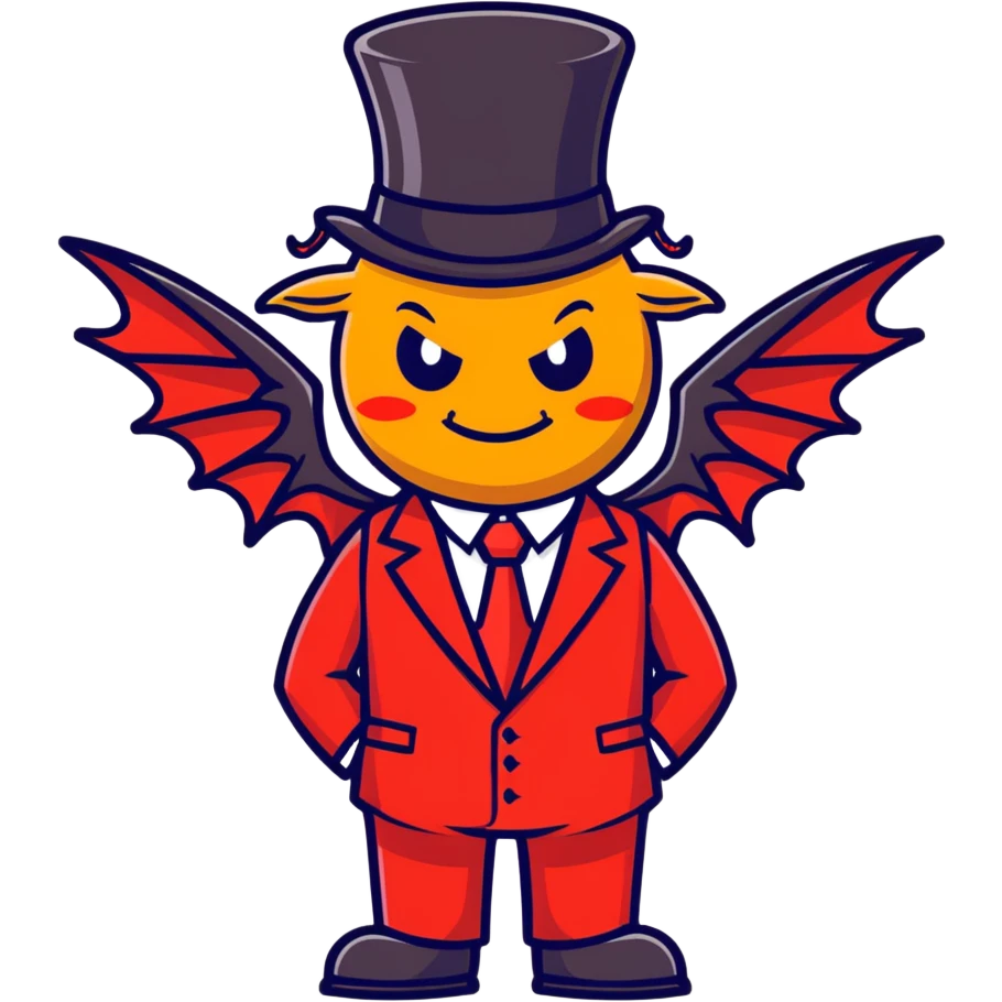 A waffle wearing a top hat and a red business suit with demon wings emoji