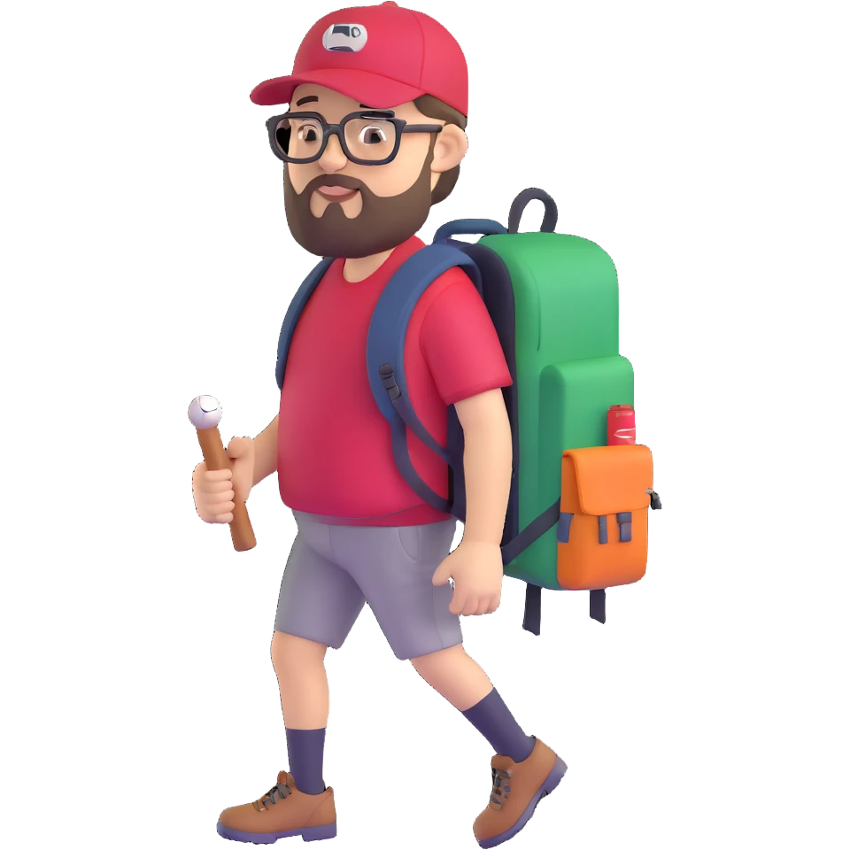 adventurer with goatee beard (no beard on cheeks), short hair, glasses, backwards baseball cap and backpack emoji