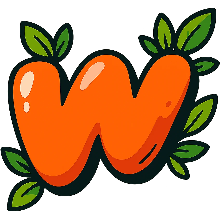 plump vibrant Wattpad logo 'w' in cartoon style with bold outline expressive shadows glossy highlights decorated with bright leaves around the logo no background emoji