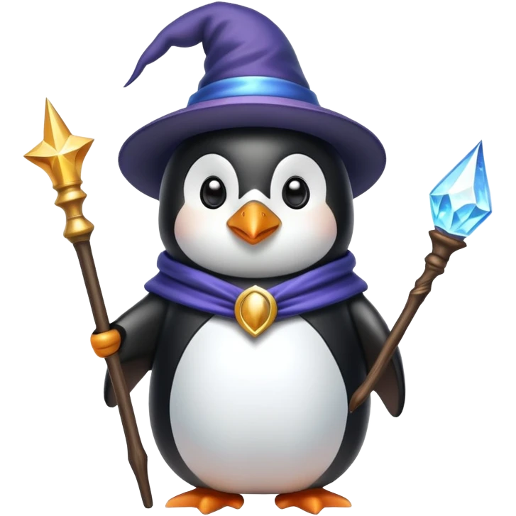 Penguin wizard with magical wand and wizard hat emoji