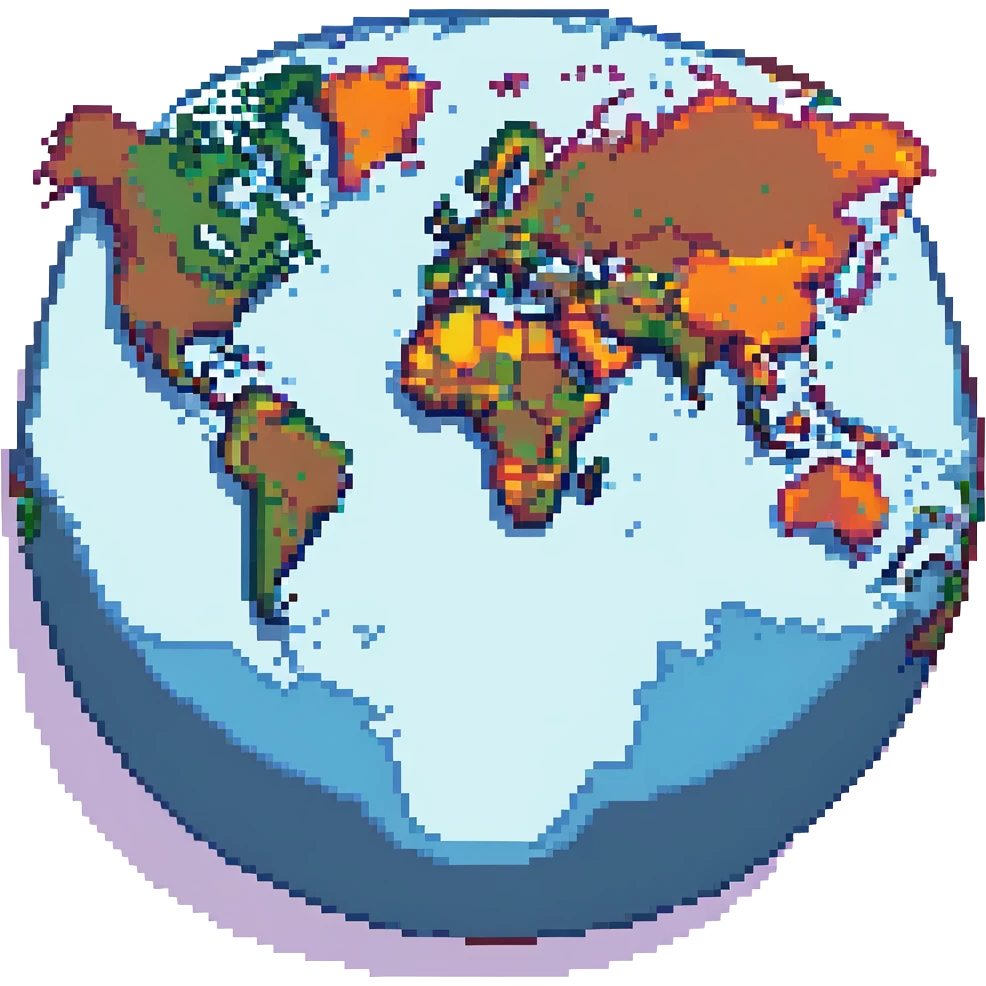 world map, pixel art style, simple colors, no text emoji