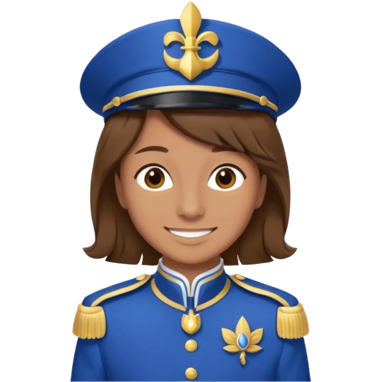 Bonjour, est ce que tu pourrais me créer un emoji, de moi (la personne a droite, brune) avec la tenue de certains membres de la  fanfare (la tenue bleue et blanche ) que tu vois sur la photo. Attention mets bien la fourragère a gauche s'il te plaît emoji