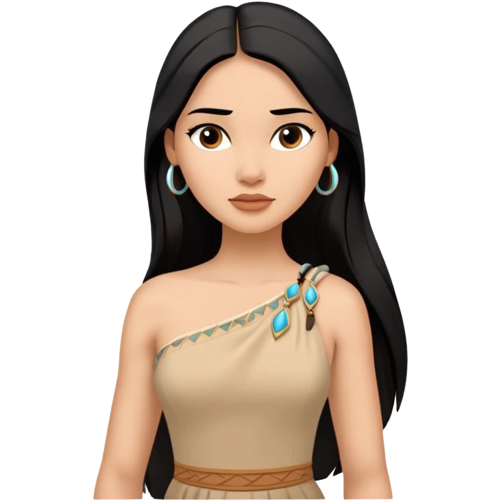Pocahontas from hips up, tan dress with one shoulder, long black hair, minimal style but clearly recognizable emoji
