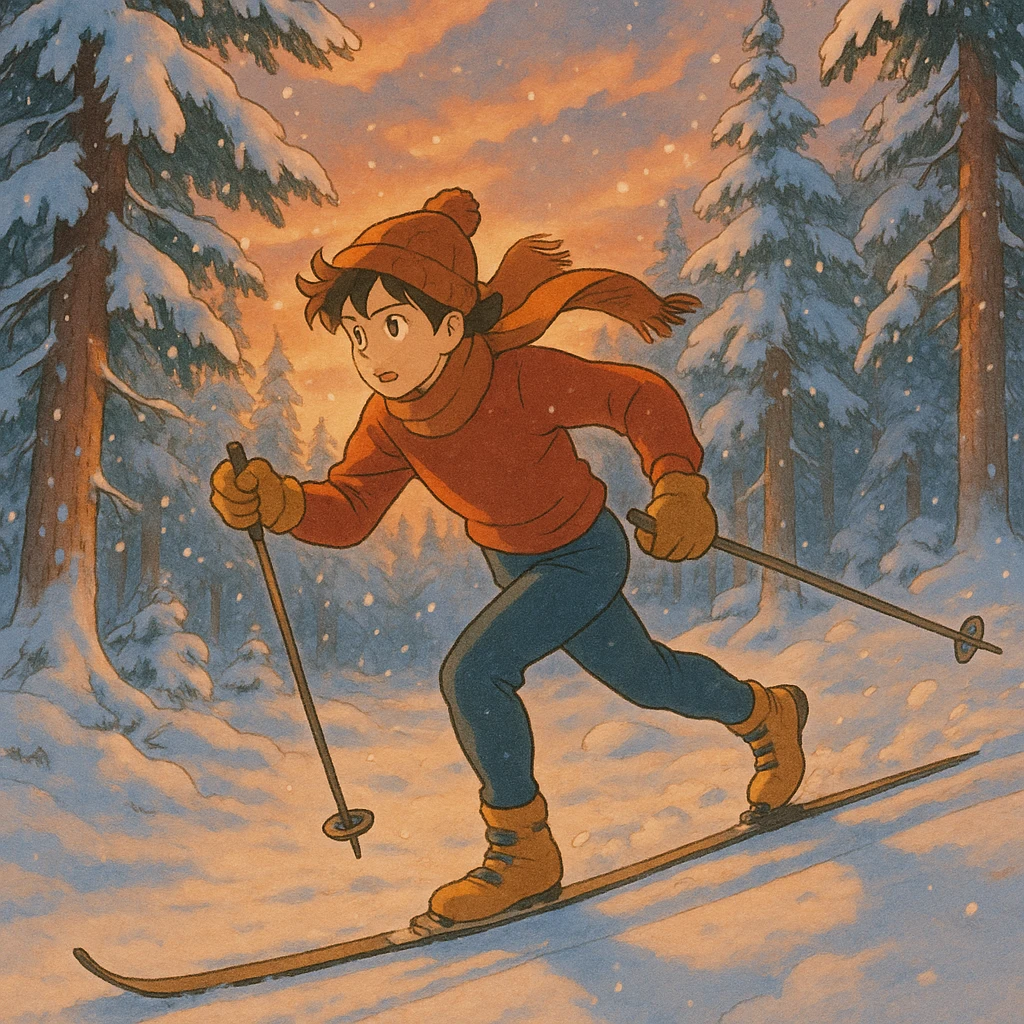 stylized cross-country skier, Ghibli style, dynamic movement, warm color palette, magical winter scene emoji