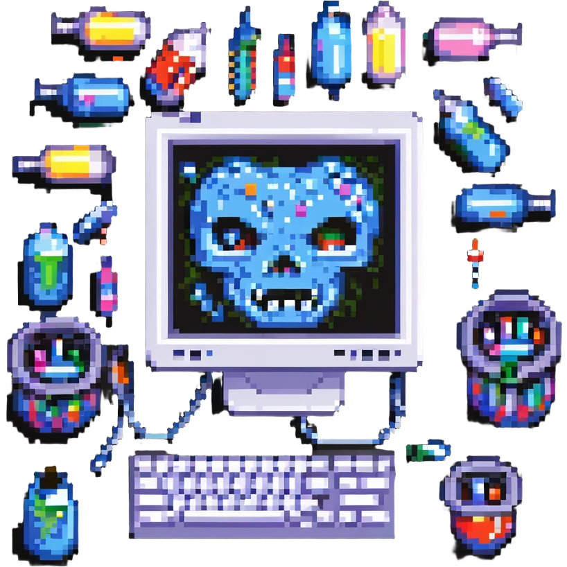 a wicked computer screen with sharp teeth, displaying a pixelated face, surrounded by floating capsules and syringes, pixel art style emoji