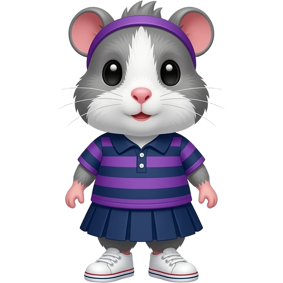 gray guinea pig in navy and purple stripe polo dress and white sneakers and purple hairband emoji