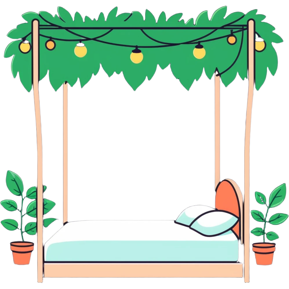 dreamy bed with twinkle lights and leafy vines hanging from above emoji