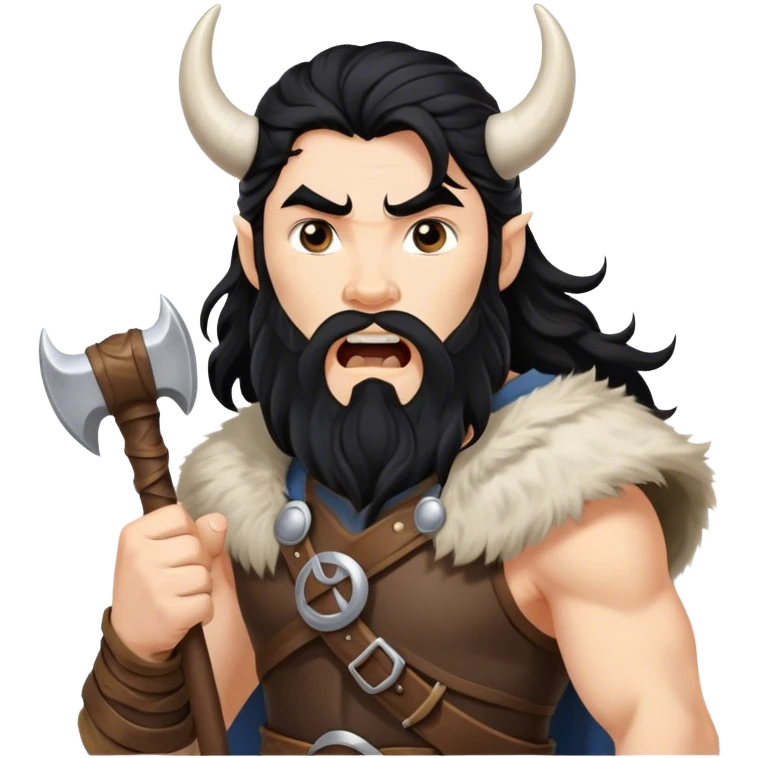 vikingo, con cuerno de vaca, pelo negro ondulado, de pie, grito de guerra en torre de Asgard. emoji