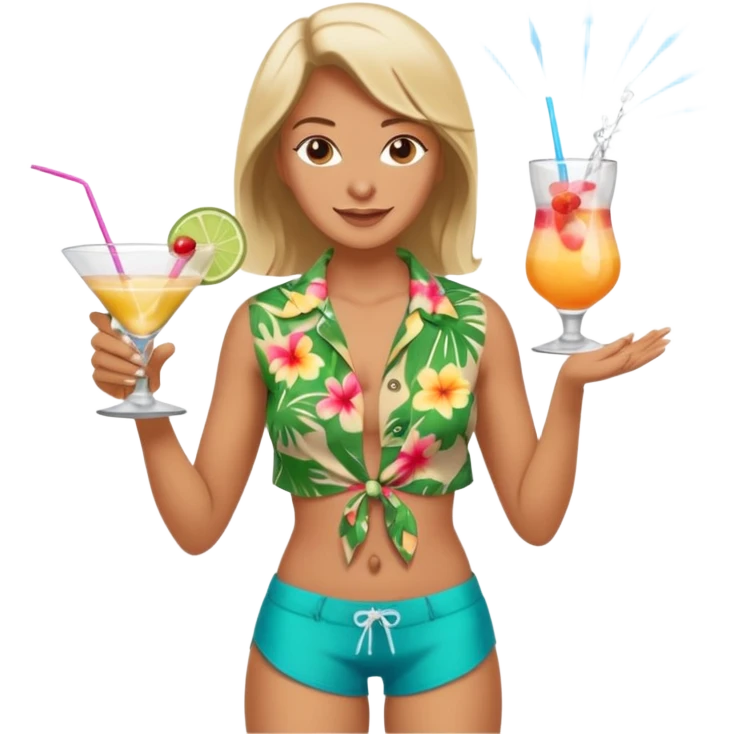 human female Unbuttoned Hawaiian shirt, swim trunks, shaking a cocktail shaker (sparks flying) emoji