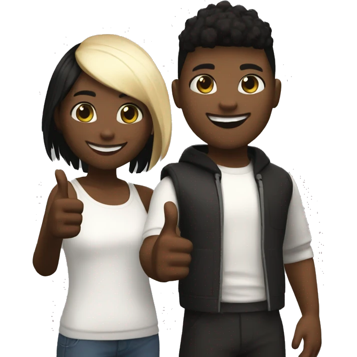 A black Roblox girl, a white American Roblox boy standing together. Both of them giving a thumbs up and smiling emoji
