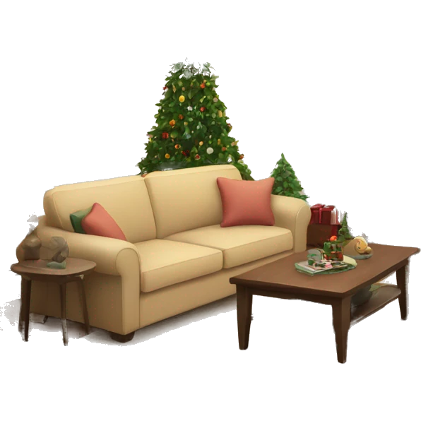Cozy living room with christmas tree and a beige sofa and a tv emoji