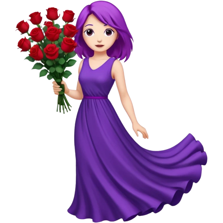 Faça uma mulher de cabelo roxo bem poderosa com vestido bem longo com umas rosas de buquê emoji