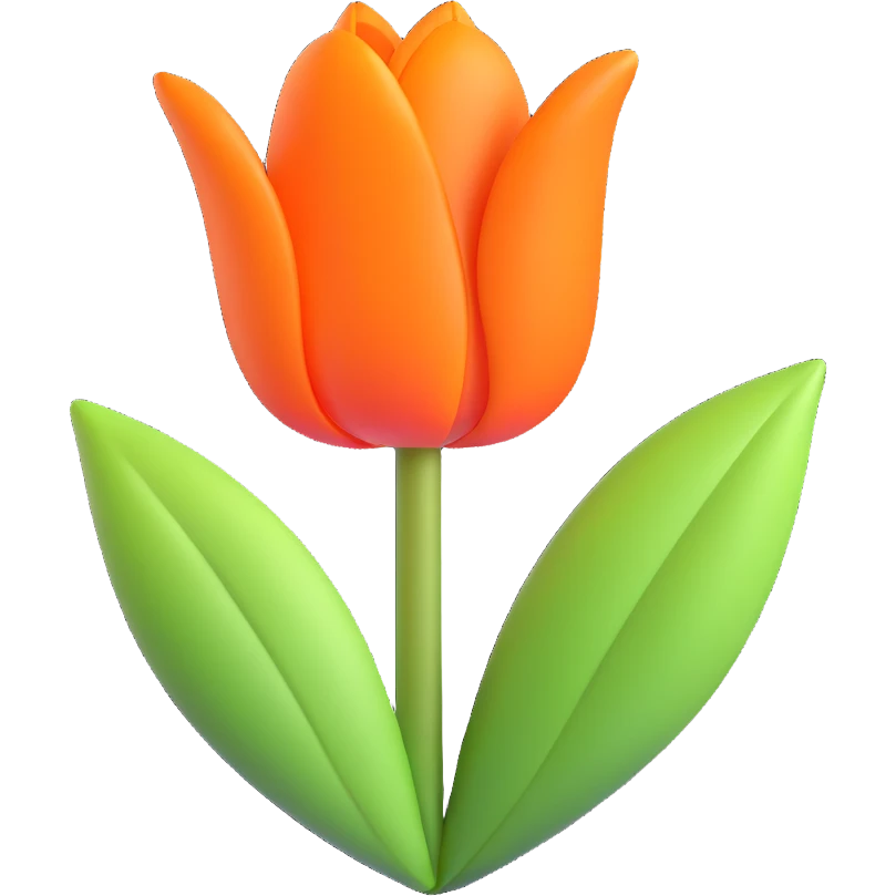 A single orange tulip with green leaves, surrounded by small decorative leaves and stars, in 3D iOS emoji style with soft gradients and glossy finish, no background. emoji