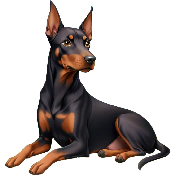 Close-up of a Doberman Pinscher sitting on lush green grass, looking alert and majestic. The background features a beautiful, serene nature view with rolling hills and bright blue skies. The dog’s sleek black and tan coat shines under the sun. Transparent background. emoji