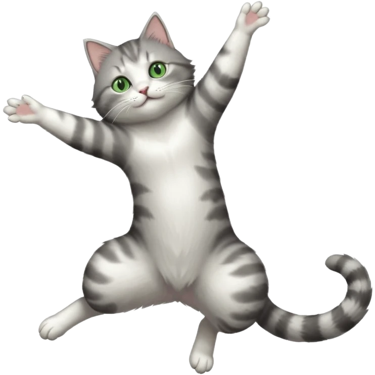 grey and white cat with green eyes doing a big extremely long stretch reaching up into the air with arms and legs side by side together straight and overextended whilst lying on its side emoji