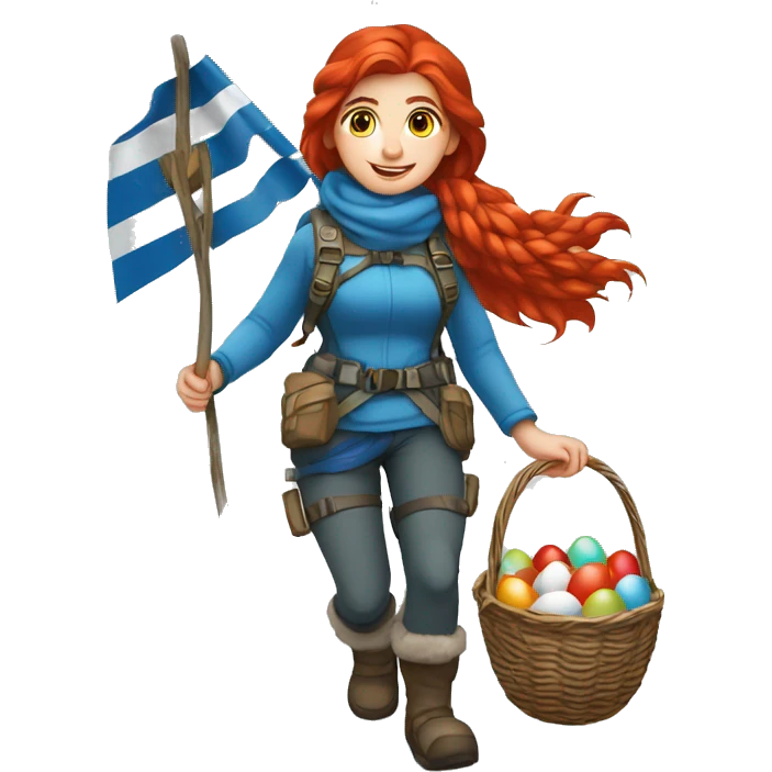 Female winter mountaineer red hair white skin climbing with Greek Flag and Easter eggs basket emoji