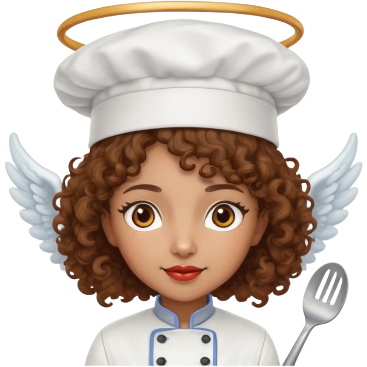 Light brown skinned mixed-race female chef with medium-length curly brown hair, wearing a chef's hat (toque), with both an angel halo and devil horns on her head emoji