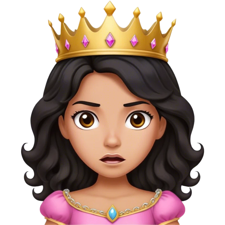 Very tanned princess, with long black wavy hair and a crown, a pink princess outfit But angry emoji