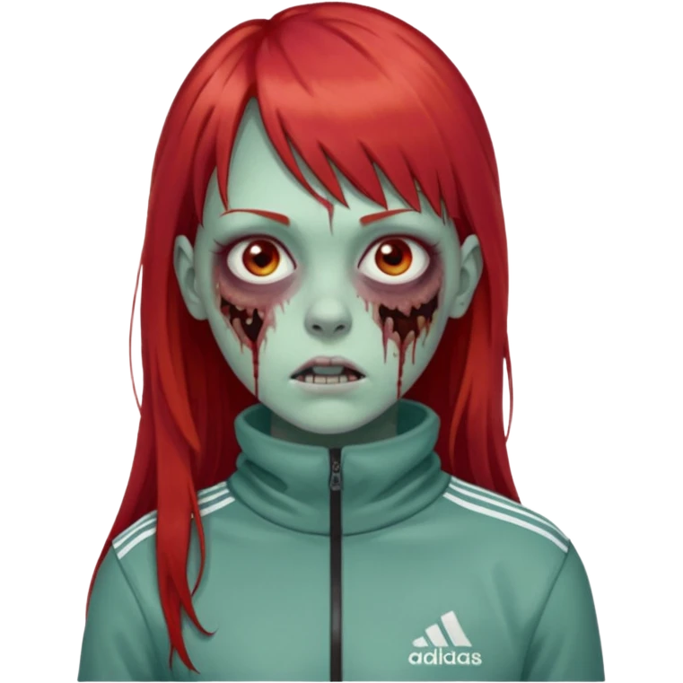 Crie um emoji de uma menina zumbi  com o cabelo vermelho longo com uma franja reta casaco de gola alta da adidas emoji