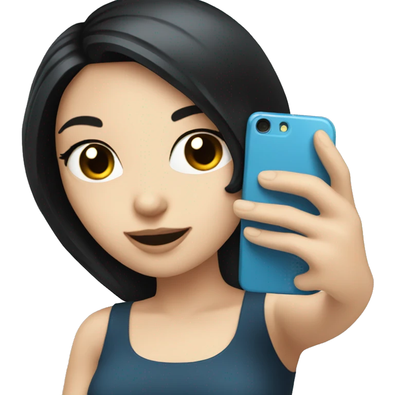 White girl taking a selfie with black hair and blue phone  emoji