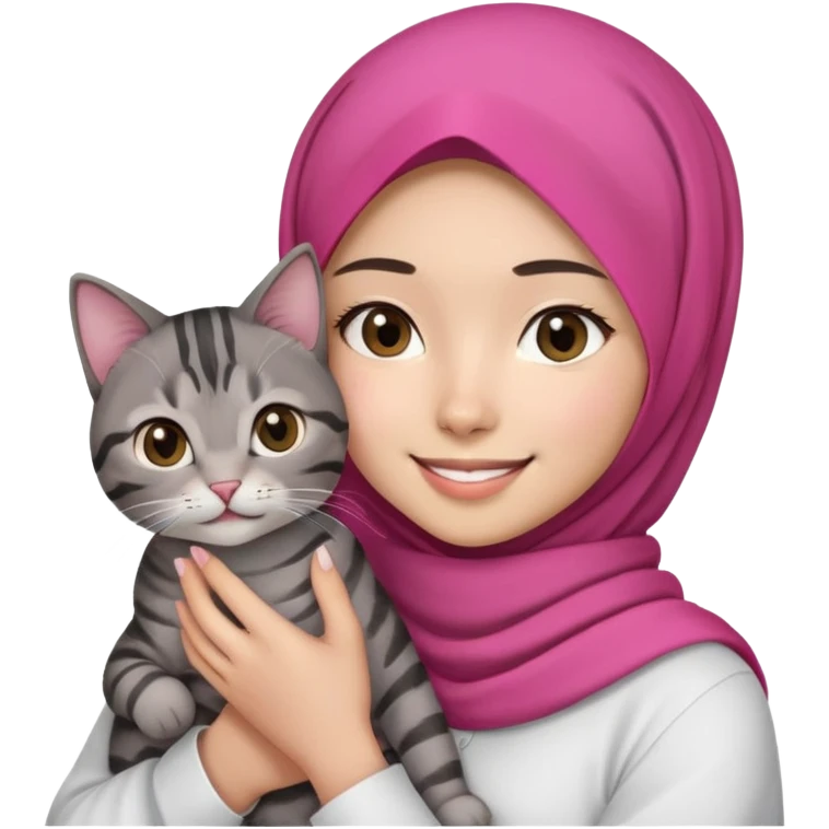 Asian white Girl wearing dark pink hijab with white shirt smiling while holding a black brown grey tabby cat emoji