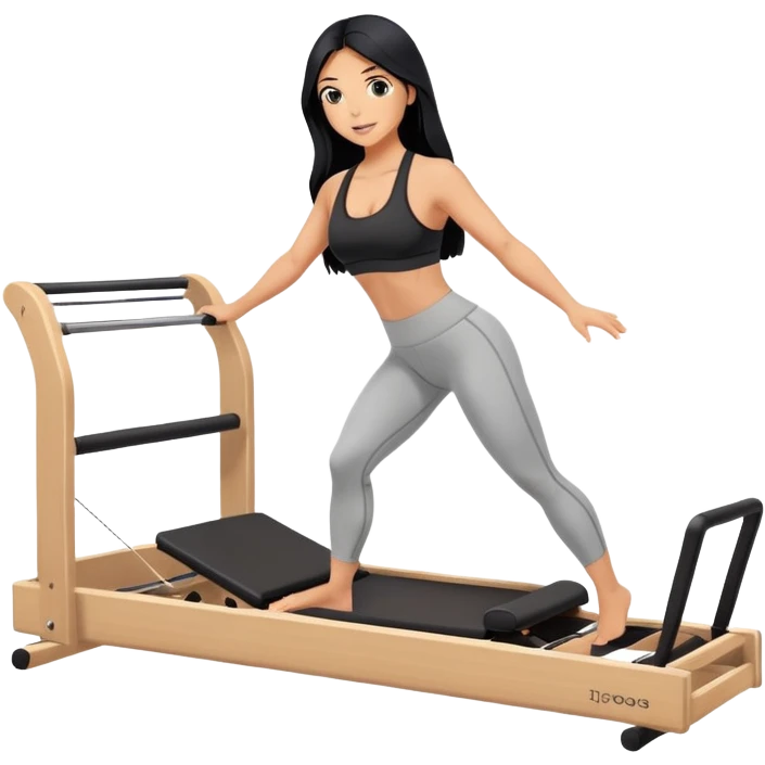 woman with tanned skin, long black hair, wearing a sports bra, doing Pilates on a reformer machine emoji