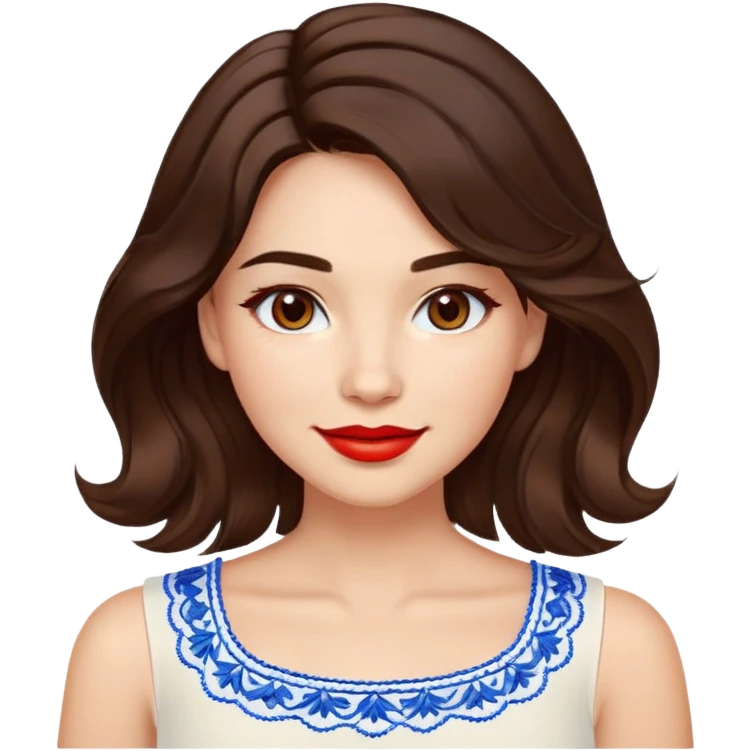 Enthusiastic woman with healthy glowing skin, round cheeks, warm smile, expressive light brown eyes, red lipstick, wavy dark brown shoulder-length hair, summery white top with blue embroidery and electric blue neckline emoji