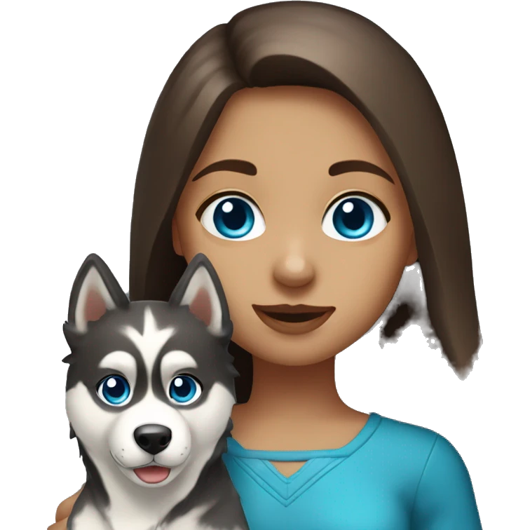 A girl with Brown long hair and blue eyes holding a husky  emoji