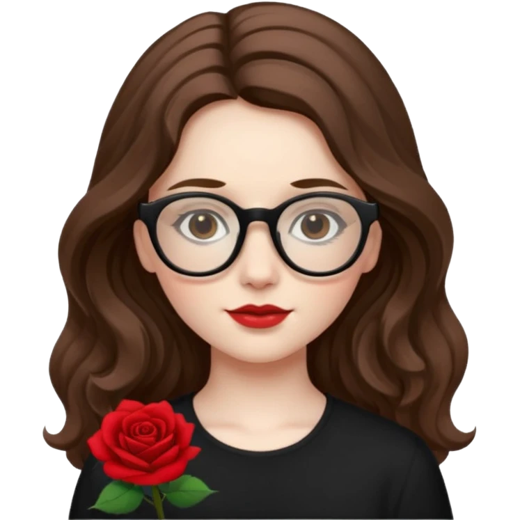 Una ragazza con capelli castani mossi e lunghi e indossi occhiali neri e con una piccola rosa nella testa emoji