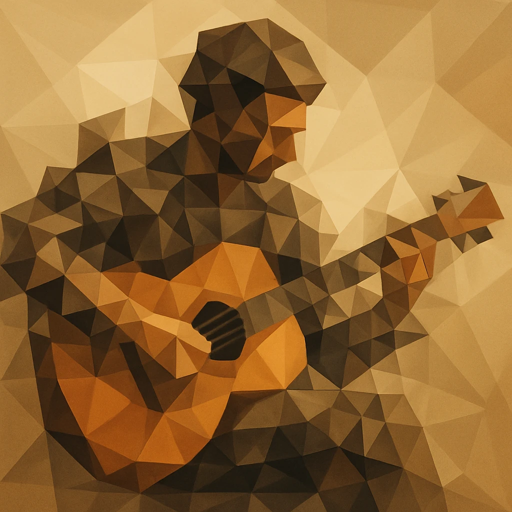 Musician playing a guitar with limbs and strings fractured into overlapping cubes and triangles. emoji
