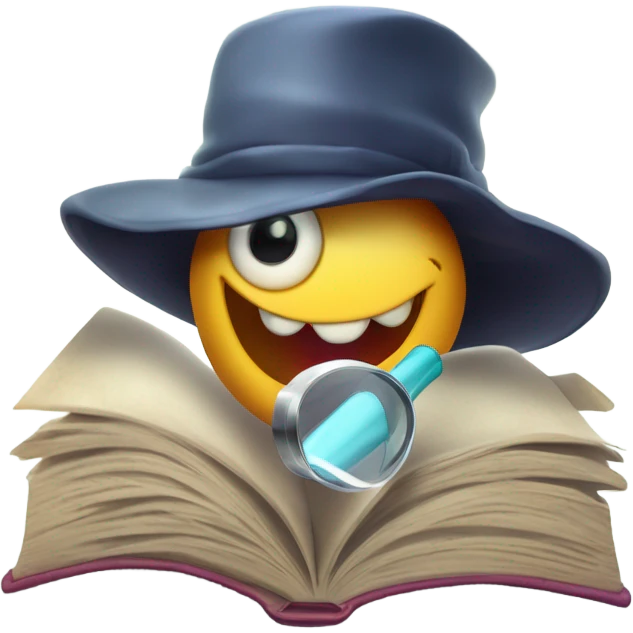 A cartoon worm wearing a detective hat, holding a magnifying glass, and popping out of an open book titled 'Wormholes for Beginners.' The worm has a cheeky, mischievous smile. Bright, playful colors with a simple background. emoji