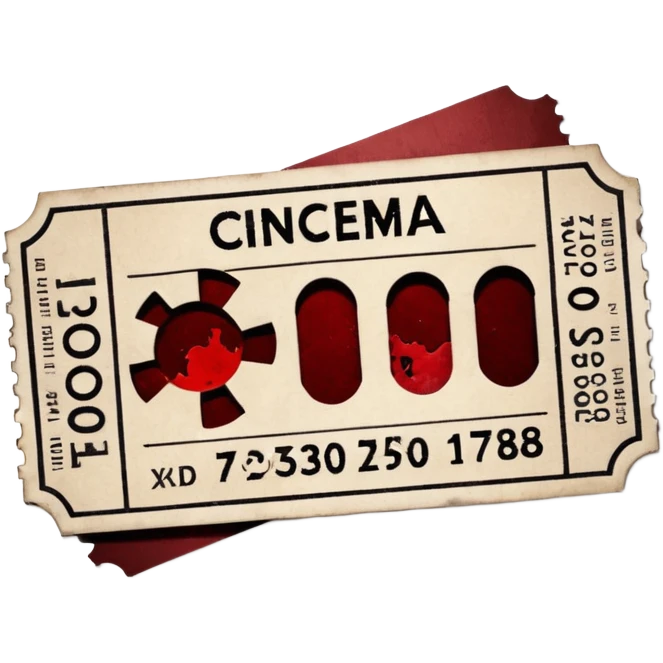 Minimalist emoji-style sticker of an old torn cinema ticket, no text, blood-stained edges and burn holes, grayscale paper

 emoji