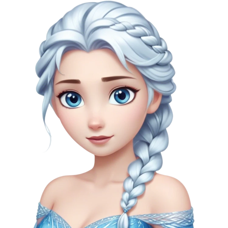Cinematic Stunning Elsa Portrait Emoji, Ice-blue gown shimmering, platinum hair flowing in a graceful braid, piercing blue eyes glowing with icy magic, an aura of regal power and breathtaking beauty, frozen elegance at its finest! emoji