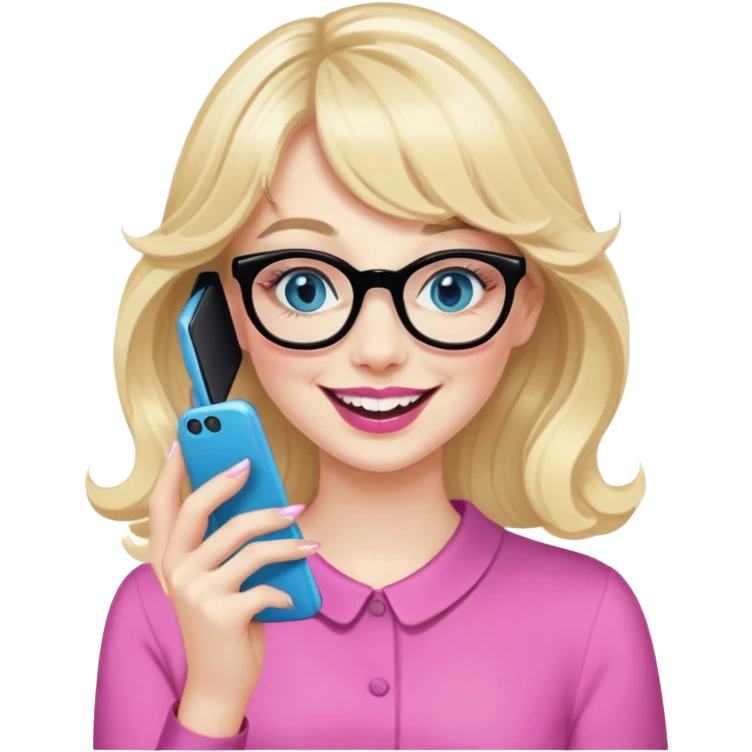 Pin up Woman with pale skin, wider face, blue eyes with eyeliner, thin eyebrows, pink lipstick, blonde wavy hair with bangs, wearing black glasses. Laughing on a mobile phone and pointing  emoji