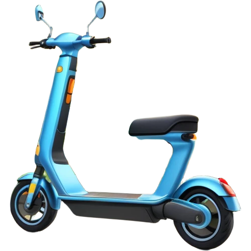 An icon featuring a sleek electric scooter parked on a scenic path. The background showcases a vibrant city park with green trees, flowers, and a clear blue sky. The sun sets in the distance, casting a warm golden glow on the landscape. Transparent background emoji