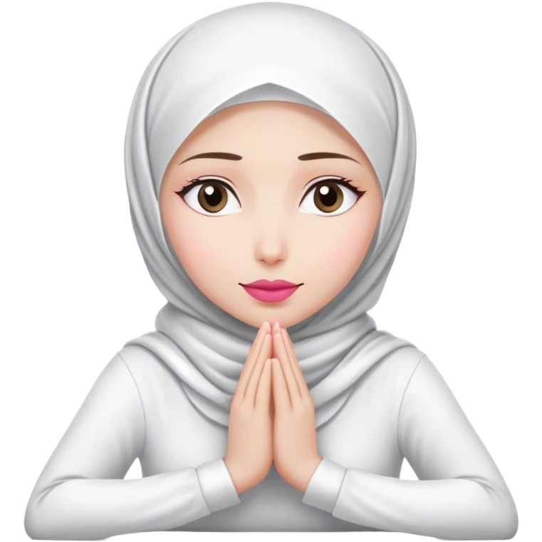 white hijab women are listening with her hands folded on the table. Her outfit is white. Her lips color is pink. emoji