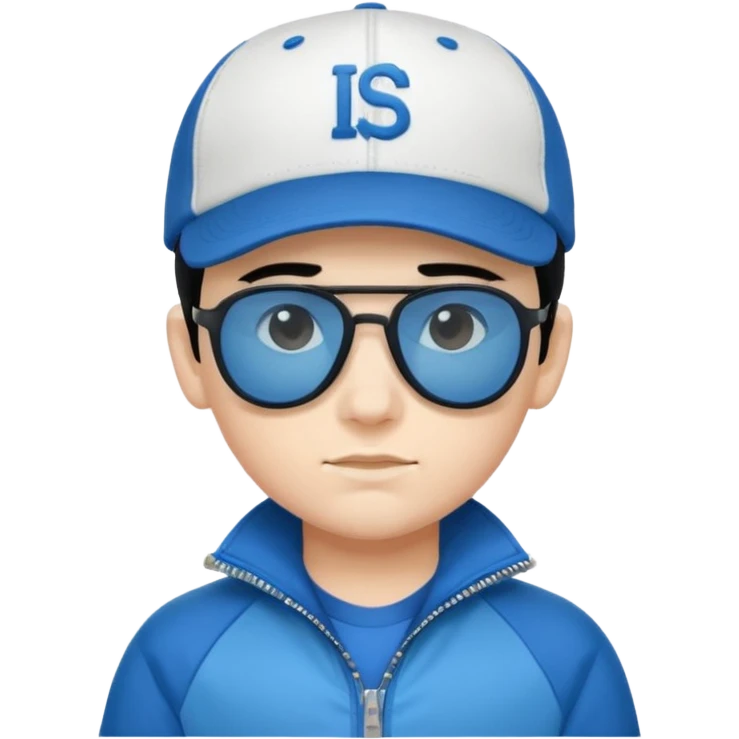 make a genmoji of a boy with a white baseball cap, black hair and a blue zipper jacket with black sunglasses emoji