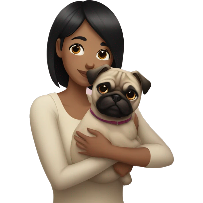Lesbian woman with Black short hair, causacian skin, hugging a pug emoji