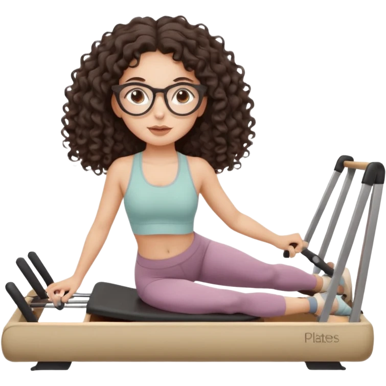 Memoji-style girl with long dark brown curly hair, round glasses, large brown eyes, soft rounded face,makeup, warm beige skin tone, wearing Pilates activewear performing Pilates and reformer Pilates exercises on a reformer machine, pastel color palette, smooth soft shading emoji