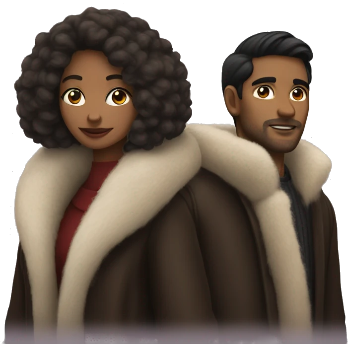 Dark haired couple in long fur coats emoji