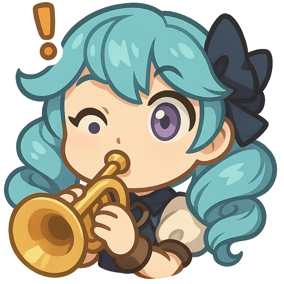 chibi style emote of Gwen from League of Legends, just the head, right eye purple, playing a trumpet, surprised expression emoji